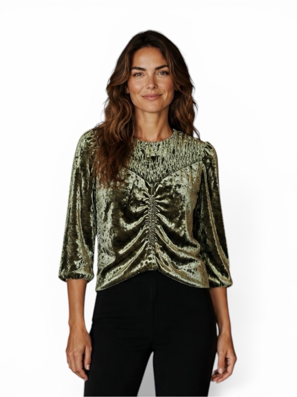 Hunter Bell Crushed Velvet Ruched Blouse in Moss Green, Size 4